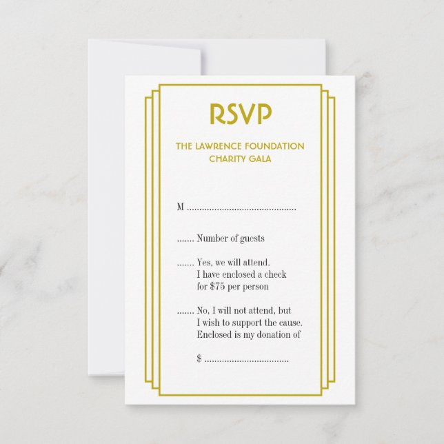Art-Deco-Reaktion auf gestapelte Rahmen-Gold-UAWG RSVP Karte (Vorderseite)