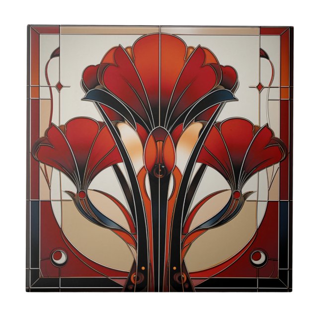 Art Deco Red Black White Abstract  Floral   Fliese (Vorderseite)