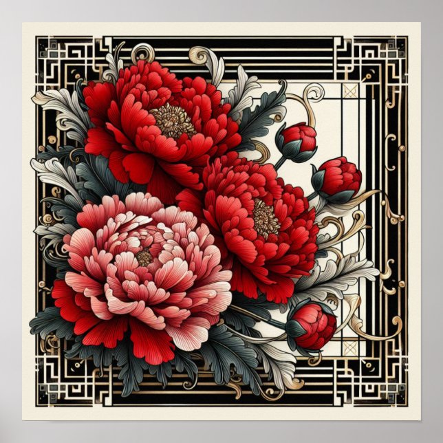 Art Deco Red Peonies Poster (Vorne)