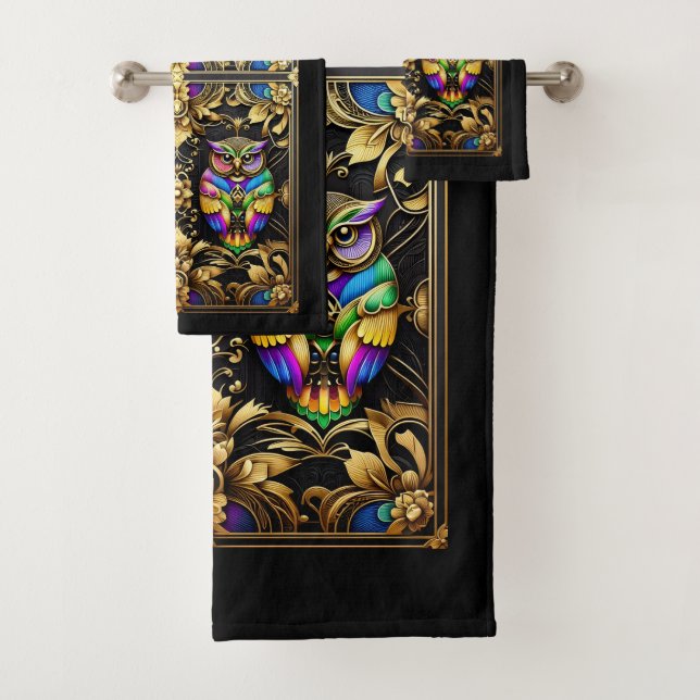Art Deco Regenbogen-Eule Badhandtuch Set (Insitu)