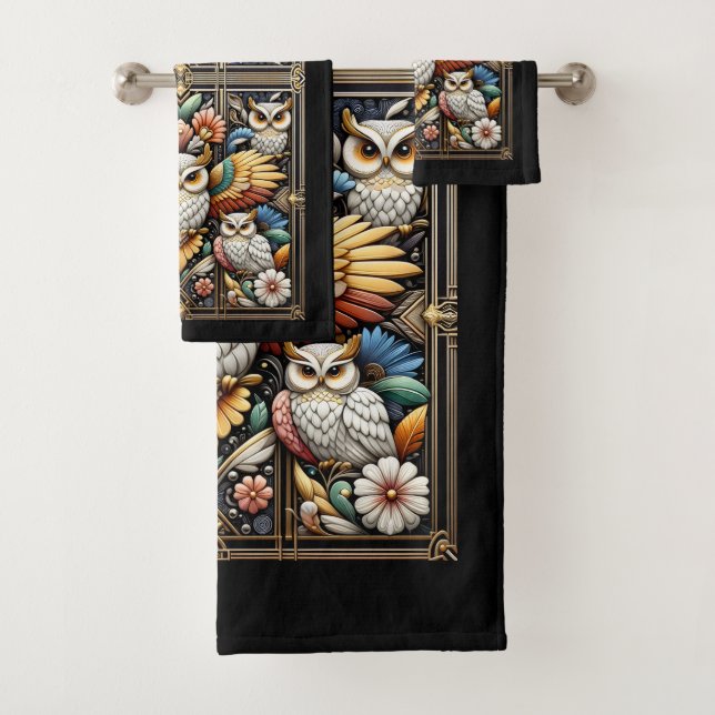 Art Deco Regenbogen-Eule Badhandtuch Set (Insitu)