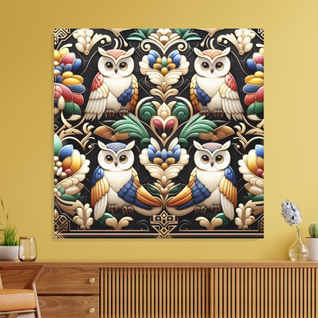 Art Deco Regenbogen-Eulen Leinwanddruck (Insitu (Wohnzimmer))