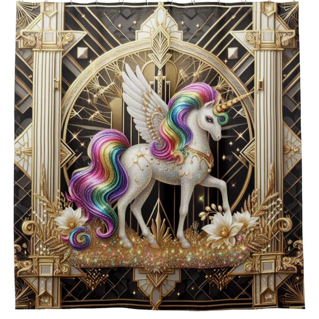 Art Deco Regenbogen-Faux-Glitter-Einhorn Duschvorhang (Vorderseite)