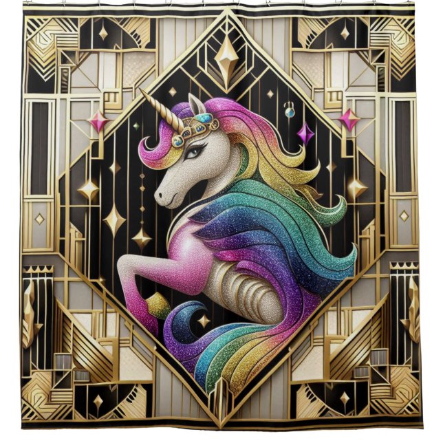 Art Deco Regenbogen-Faux-Glitter-Einhorn Duschvorhang (Vorderseite)