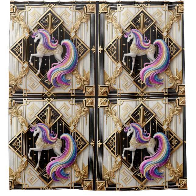 Art Deco Regenbogen-Faux-Glitter-Einhorn Duschvorhang (Vorderseite)