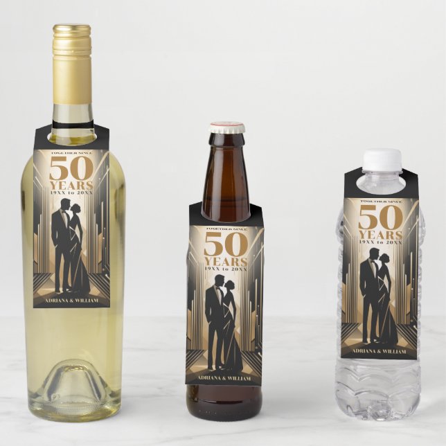 Art Deco Retro Black & Gold Hochzeit Jahrestag Flaschenanhänger (Beispiel)