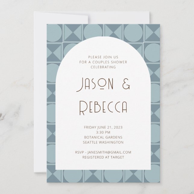 Art Deco Retro Geometric Blue Couples Shower Einladung (Vorderseite)