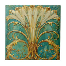 Art Deco Retro Gold Turquoise Trumpet Flower Fliese