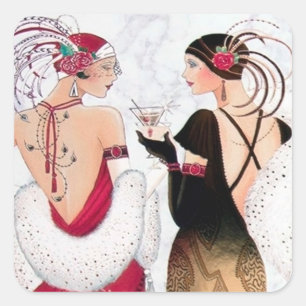Art Deco Retro Vintage Damen Weihnachtssticker Quadratischer Aufkleber