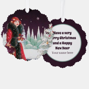 Art Deco Retro Vintage Weihnachtsdame Ornament Karte