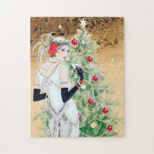 Art Deco Retro Vintage Weihnachtsdame Puzzle