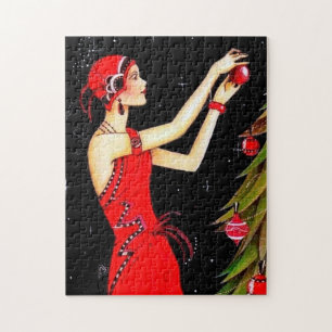 Art Deco Retro Vintage Weihnachtsdame Puzzle