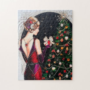 Art Deco Retro Vintage Weihnachtsdame Puzzle