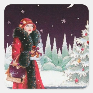 Art Deco Retro Vintage Weihnachtsdamen-Aufkleber Quadratischer Aufkleber