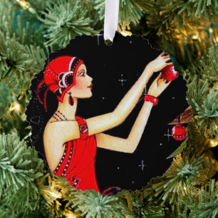 Art Deco Retro Weihnachtsfrau Ornament Karte