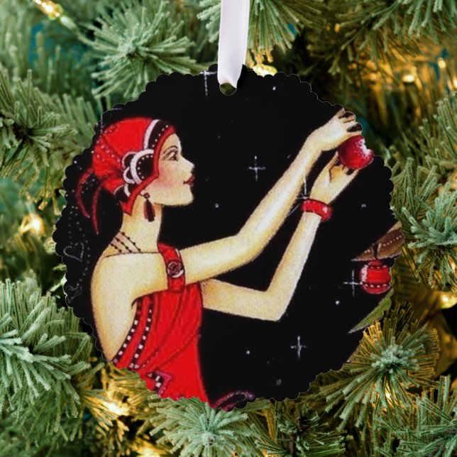 Art Deco Retro Weihnachtsfrau Ornament Karte (Insitu (Baum))