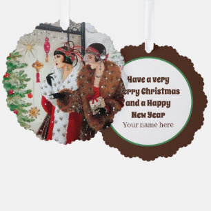 Art Deco Retro Weihnachtsfrauen Ornament Karte