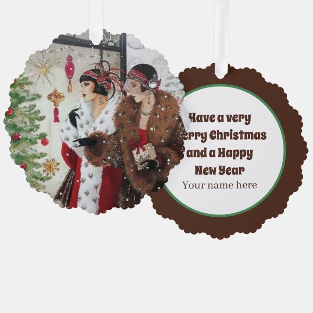 Art Deco Retro Weihnachtsfrauen Ornament Karte (Vorderseite/Rückseite)