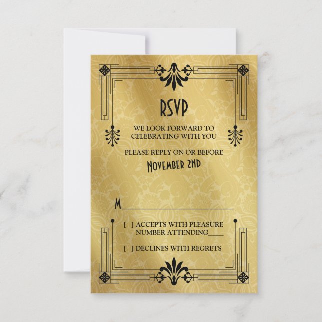 Art Deco Roaring 20er Black Gold Wedding RSVP Card (Vorderseite)