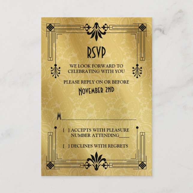 Art Deco Roaring 20er Black Gold Wedding RSVP Card (Vorderseite)