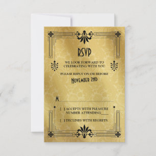 Art Deco Roaring 20er Black Gold Wedding RSVP Card Karte