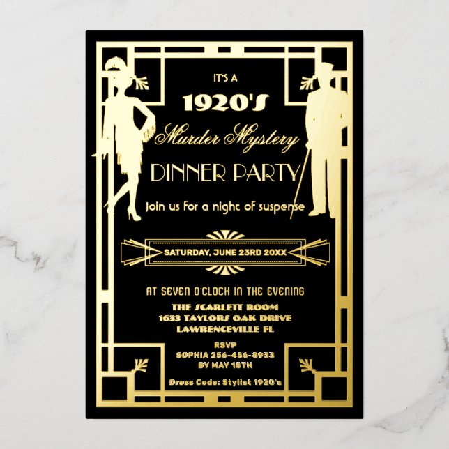 Art Deco Roaring 20s Murder Mystery Party Real Folieneinladung (Vorderseite)