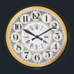 Art Deco Roman numeral Gatsby Roman numeral Große Wanduhr<br><div class="desc">A vintage Art Deco illustriert featuring white circles edged with black around which falsch black etched doodles appear framed by a golden background and falsch gold inner circle that has Roman numerals on it</div>