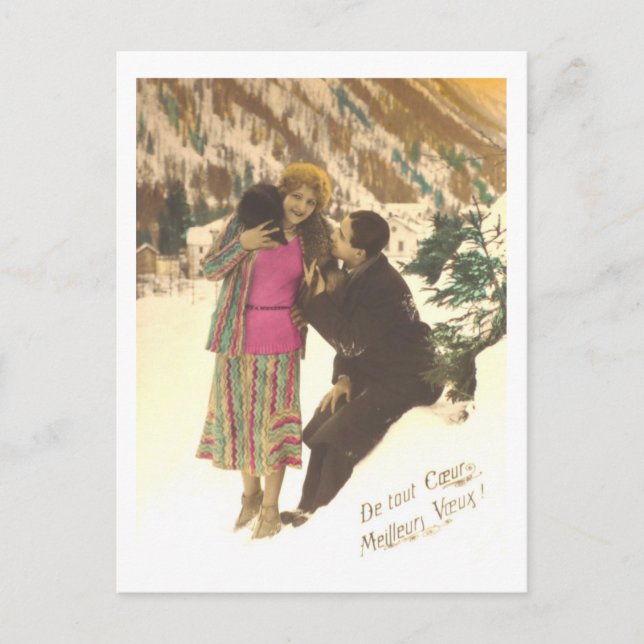 Art Deco Romantic Couple in Snow 1920s Postkarte (Vorderseite)