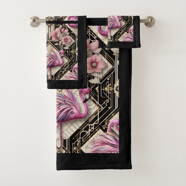 Art Deco Rosa Flamingo  Badhandtuch Set (Insitu)