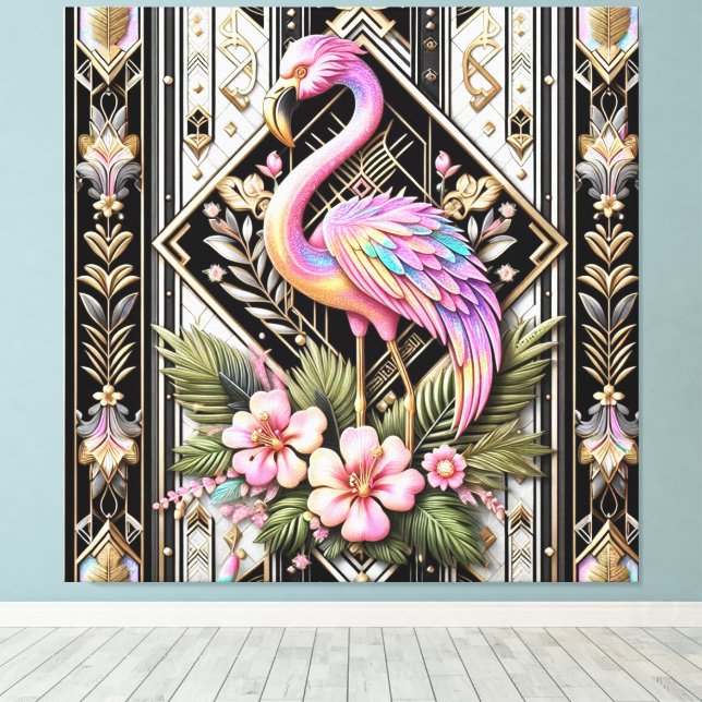 Art Deco Rosa Flamingo Leinwanddruck (Insitu (Holzboden))