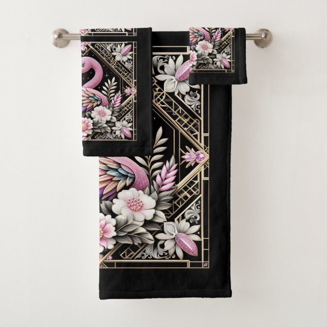 Art Deco Rosa und Regenbogen Flamingo  Badhandtuch Set (Insitu)