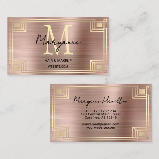 Art Deco Rose Gold Monogram Visitenkarte (Vorne/Hinten)