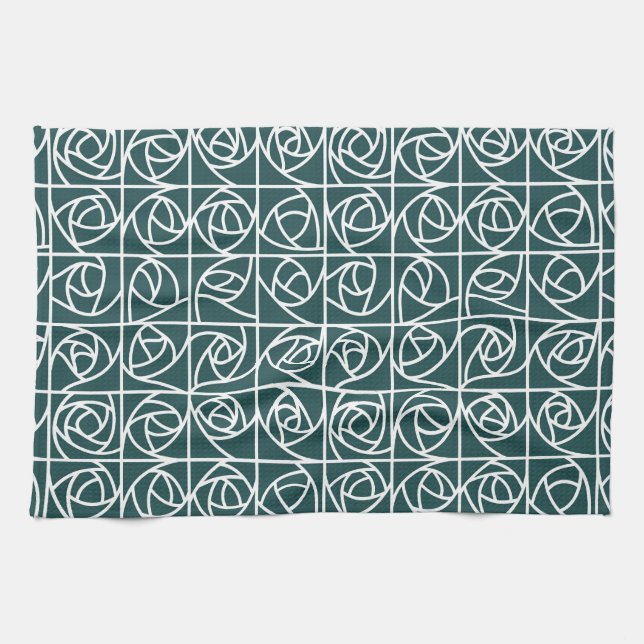 Art Deco Rose Squares Stilvolles Blumengrün Geschirrtuch (Horizontal)