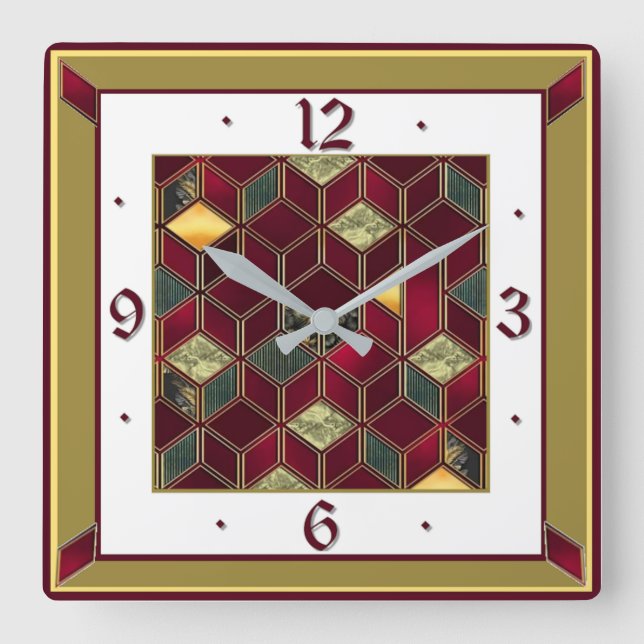 Art Deco Rot Quadratische Wanduhr (Vorderseite)