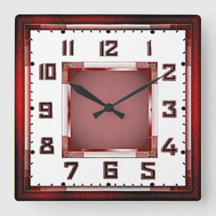Art Deco Rot Quadratische Wanduhr