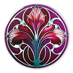 Art Deco Rot Violett Stilisierte Lilie 2 Keramikknauf