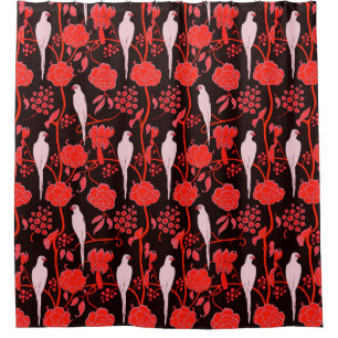 ART DECO ROTE BLUME, WEISSE PARROTEN DUSCHVORHANG