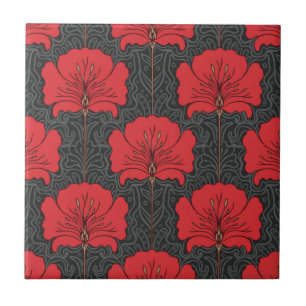 Art déco,rote Blumen,schwarz,vintage,chic,elegant, Fliese