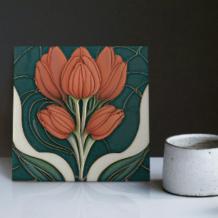 Art Deco rote Tulpen grüne Wanddekoration Art Nouv Fliese