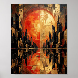 Art Deco Roter Sonnen Geometrischer Stadtsilhouett Poster