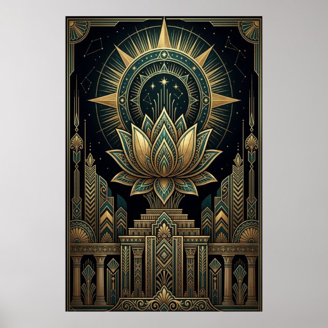 Art Deco Sacred Lotus Celestial Compass Poster (Vorne)