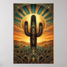 Art Deco Saguaro Cactus Sunburst Desert Gold Teal Poster