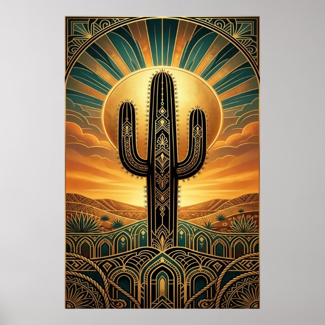 Art Deco Saguaro Cactus Sunburst Desert Gold Teal  Poster (Vorne)