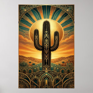 Art Deco Saguaro Kaktus Sonnenaufgang Wüste Gold T Poster