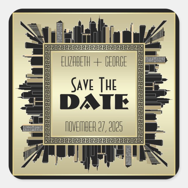 Art Deco Save the Date Champagne Gold Gatsby Glam Quadratischer Aufkleber (Vorderseite)