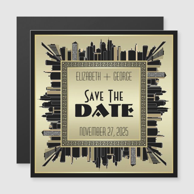 Art Deco Save the Date Champagne Gold Great Gatsby Magneteinladung (Vorne/Hinten)