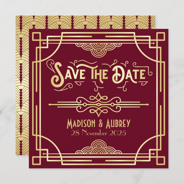Art Deco Save the Date Gold Burgundy Great Gatsby (Vorne/Hinten)
