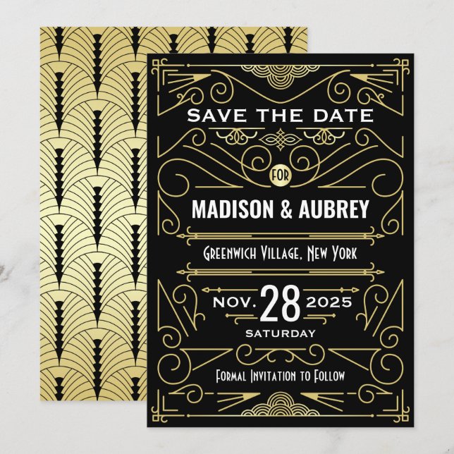 Art Deco Save the Date Hochzeit Elegante Highlight Einladung (Vorne/Hinten)