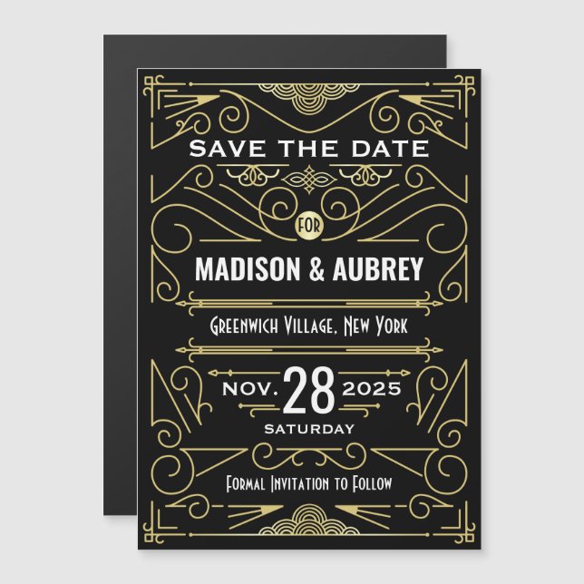 Art Deco Save the Date Hochzeit Elegante Highlight Magneteinladung (Vorne/Hinten)