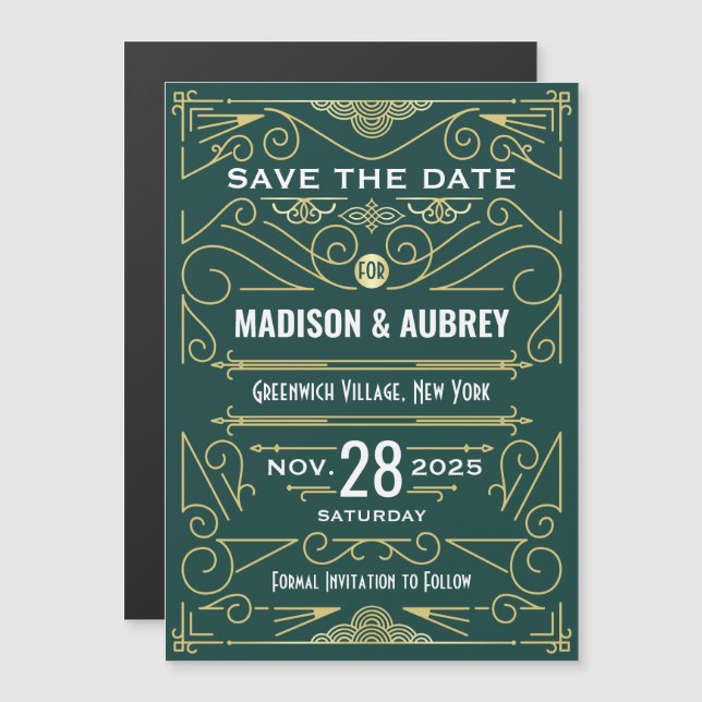 Art Deco Save the Date Hochzeit Elegantes Gold Grü Magneteinladung (Vorne/Hinten)
